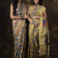 Pen Kalamkari Sari Cobalt Blue Garden Floral In Tussar Silk-013