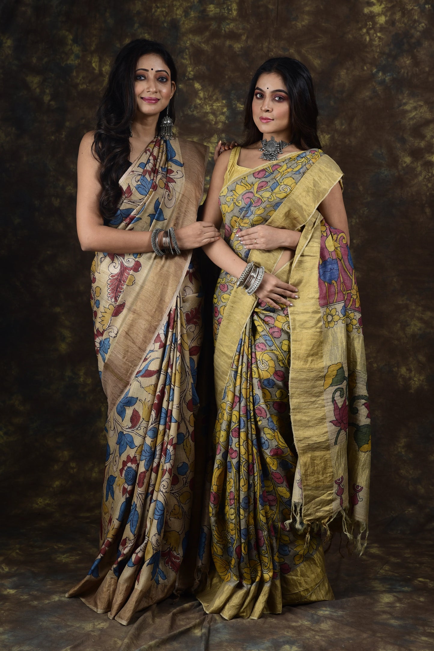 Pen Kalamkari Sari Cobalt Blue Garden Floral In Tussar Silk-013