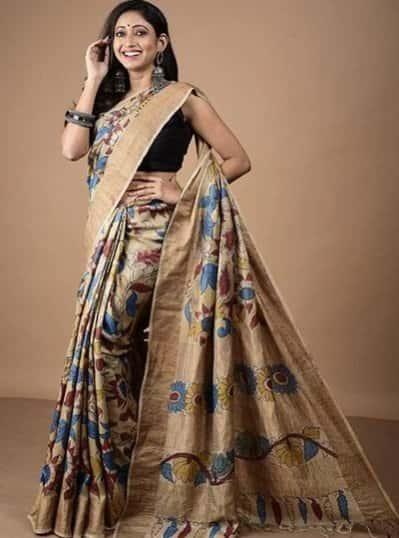 Traditional Handpainted Pen Kalamkari Tussar Silk Saree  |  Sapphire Blue