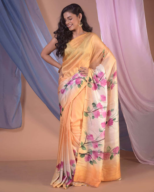 HANDPAINTED MULBERRY HANDLOOM SILK SAREE-020 - indeloom
