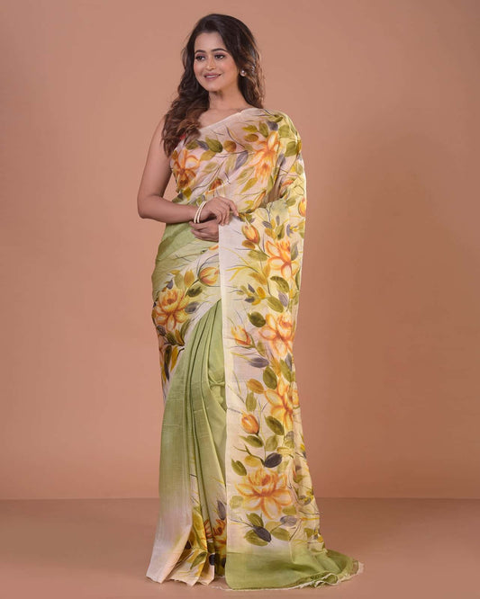 HANDPAINTED MULBERRY HANDLOOM SILK SAREE-022 - indeloom