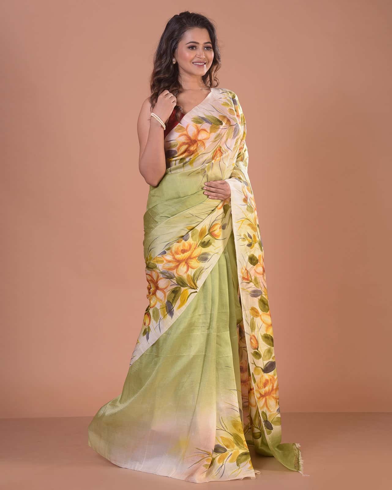 HANDPAINTED MULBERRY HANDLOOM SILK SAREE-022 - indeloom