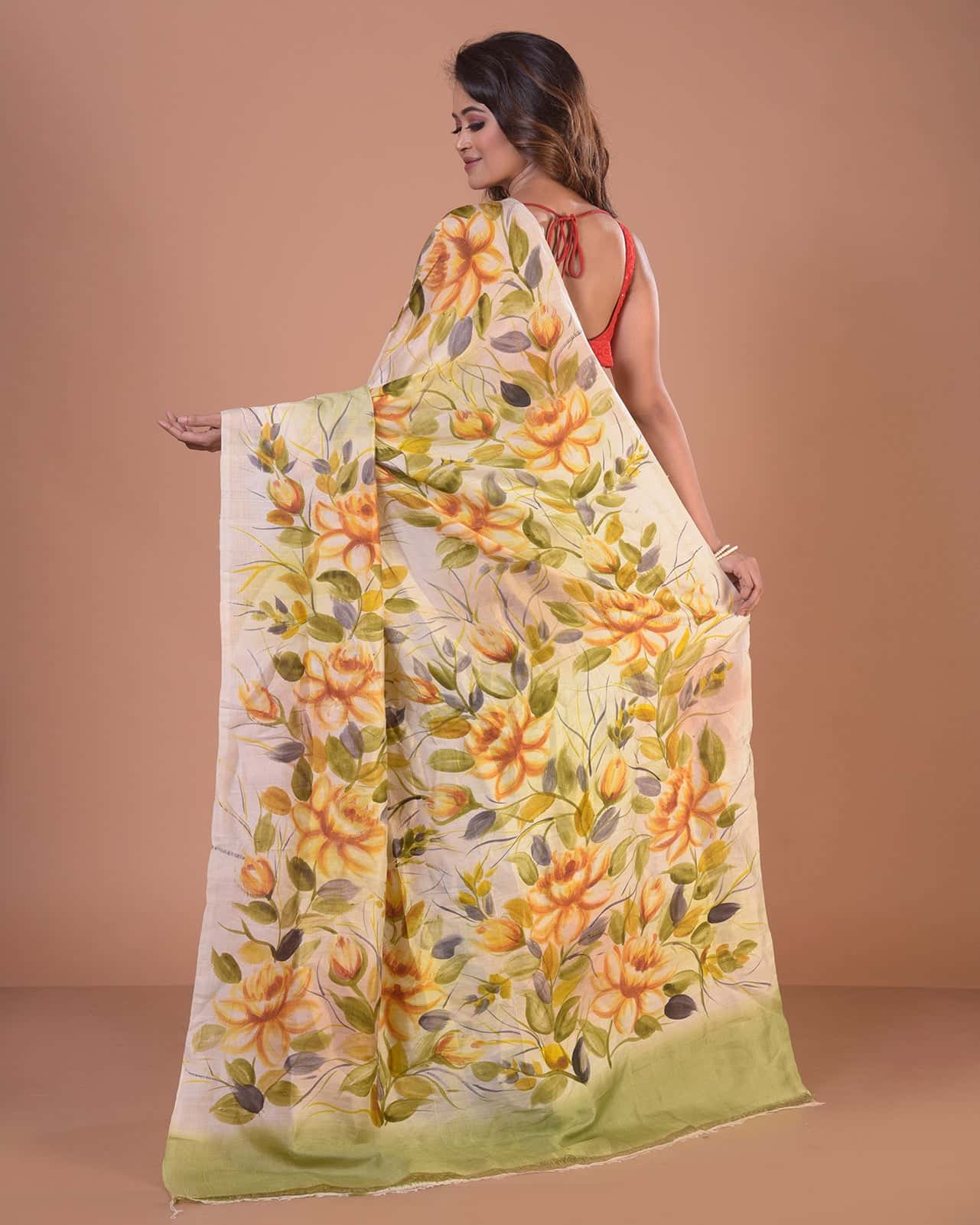HANDPAINTED MULBERRY HANDLOOM SILK SAREE-022 - indeloom
