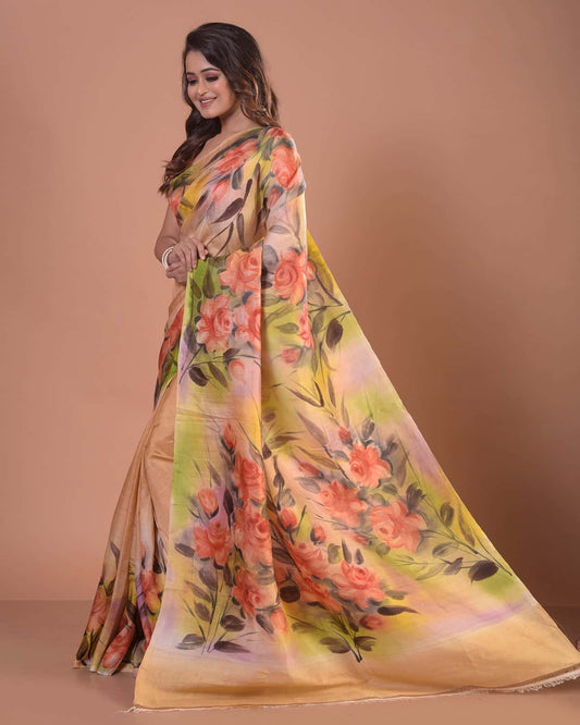 Handpainted Mulberry Handloom Silk Saree-023 - indeloom