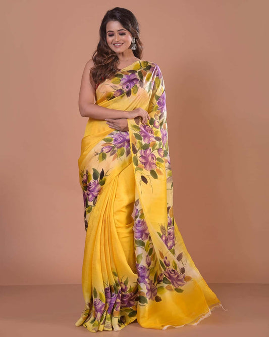 Handpainted Mulberry Handloom Silk Saree -025 - indeloom