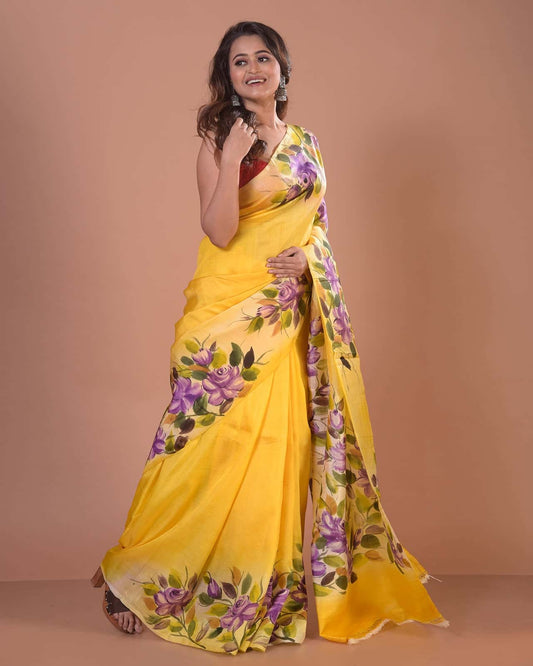 Handpainted Mulberry Handloom Silk Saree -025 - indeloom