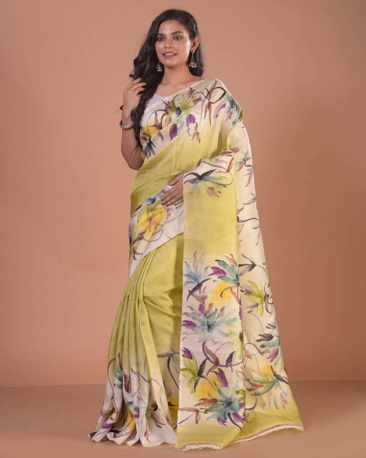 HANDPAINTED MULBERRY HANDLOOM SILK SAREE-031 - indeloom
