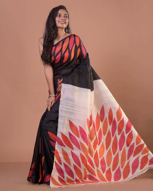 HANDPAINTED MULBERRY HANDLOOM SILK SAREE-033 - indeloom