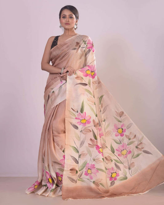 HANDPAINTED MULBERRY HANDLOOM SILK SAREE-038 - indeloom