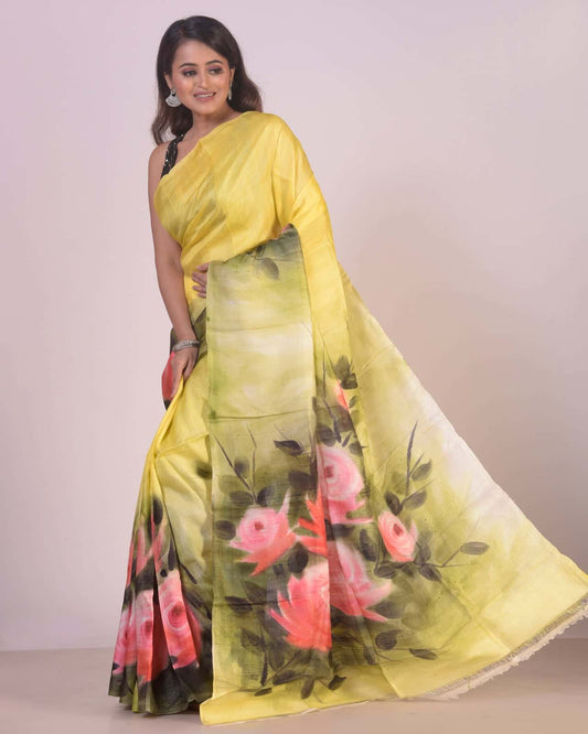 Handpainted Mulberry Handloom Silk Saree-039 - indeloom