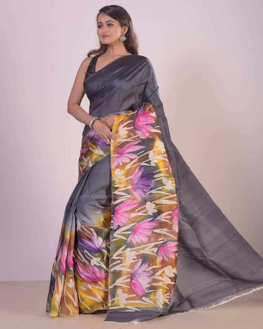 HANDPAINTED MULBERRY HANDLOOM SILK SAREE-040 - indeloom