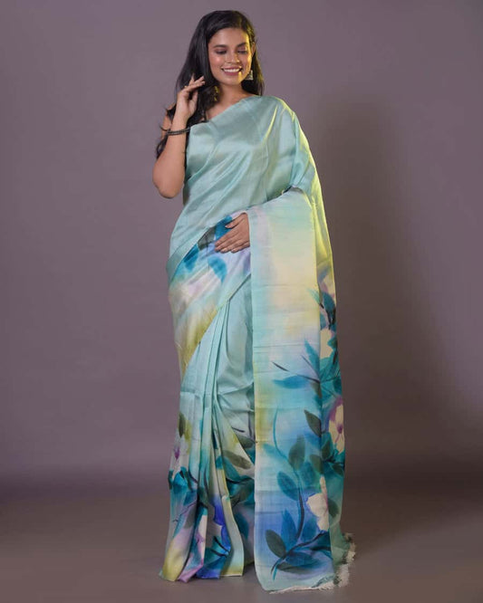 HANDPAINTED MULBERRY HANDLOOM SILK SAREE-059 - indeloom