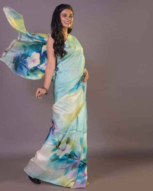 HANDPAINTED MULBERRY HANDLOOM SILK SAREE-059 - indeloom