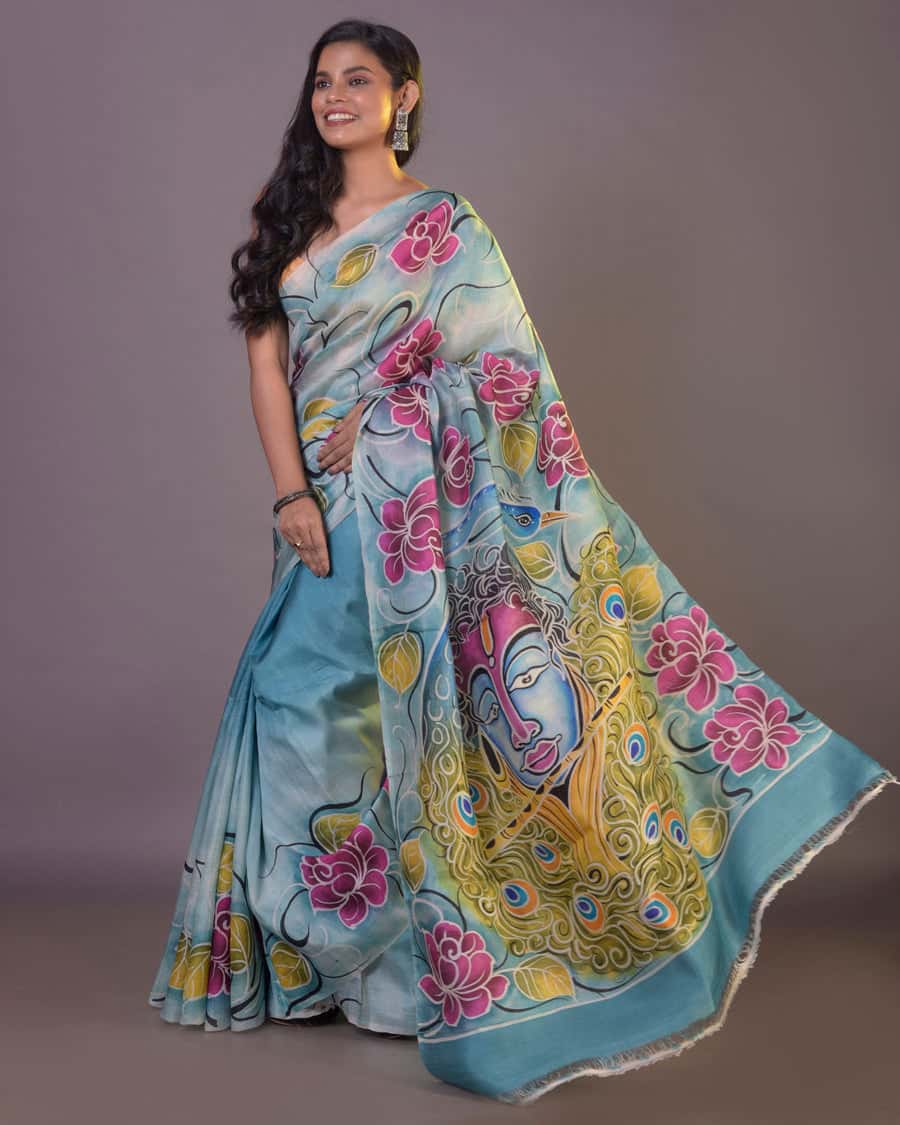 Hand Painted Mulberry Handloom Silk Saree-060 - indeloom