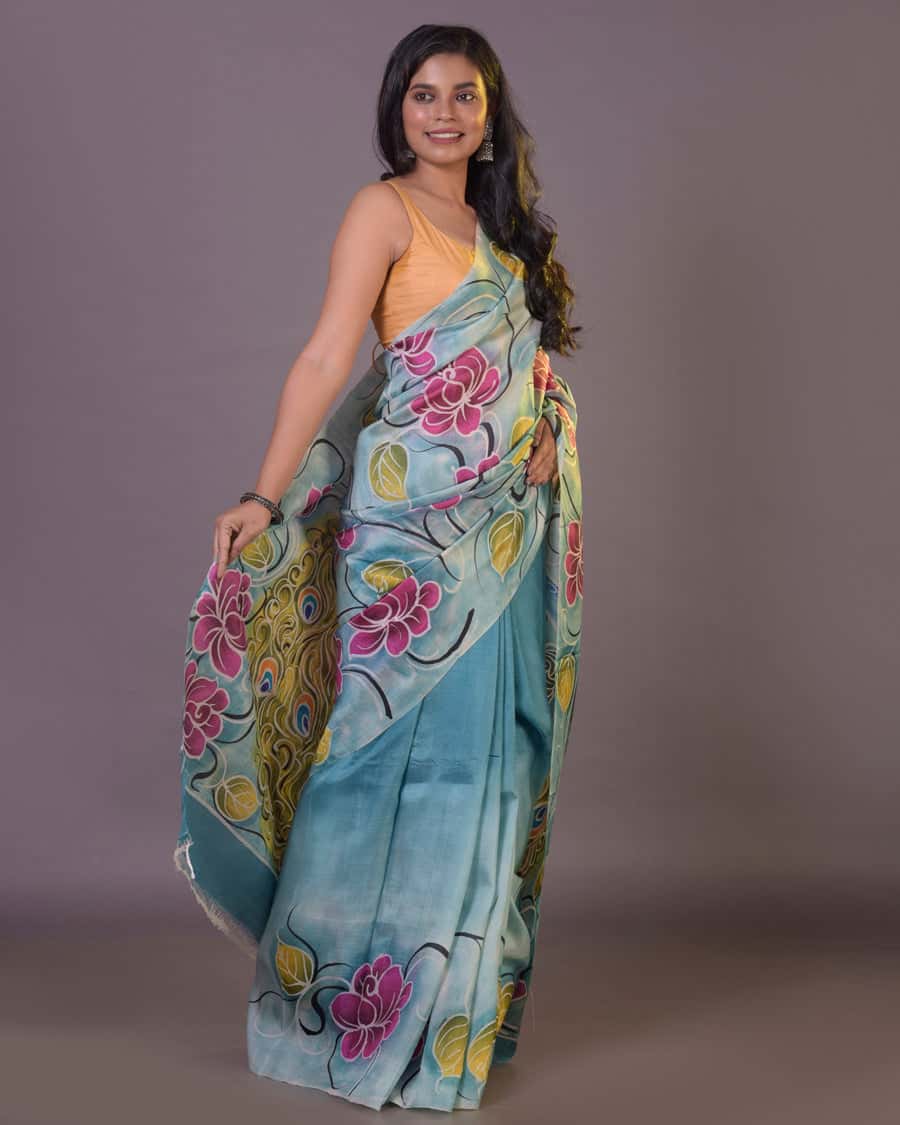 Hand Painted Mulberry Handloom Silk Saree-060 - indeloom