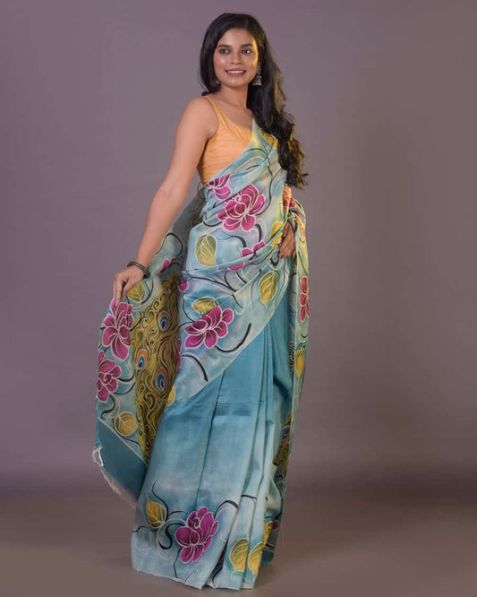 Hand Painted Mulberry Handloom Silk Saree-060 - indeloom