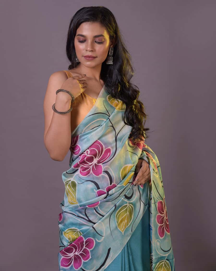 Hand Painted Mulberry Handloom Silk Saree-060 - indeloom