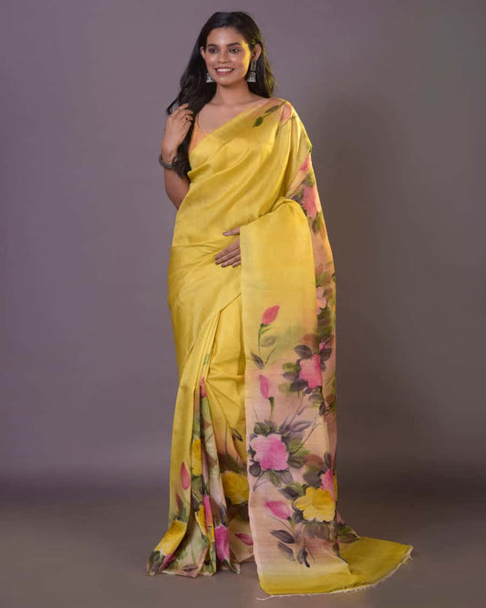 HANDPAINTED MULBERRY HANDLOOM SILK SAREE-056 - indeloom
