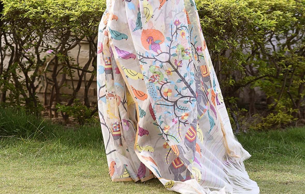 Elephant and Bird Motifs on Beigh Color Jamdani Saree-001 - indeloom