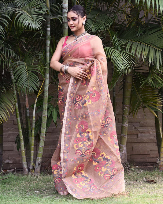 Floral Motifs Jamdani Saree-007 - indeloom