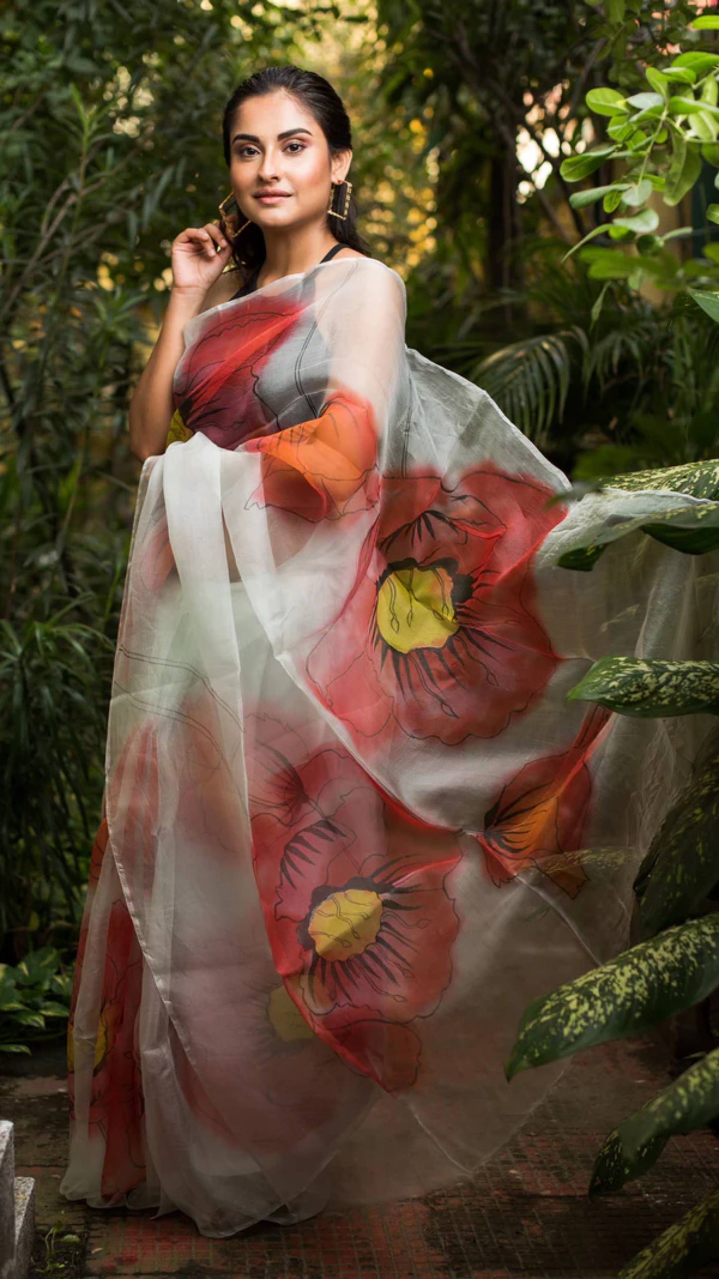 The Poppy Burst Organza Hand-painted Sari-065