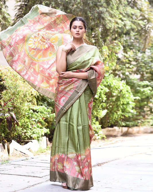 Handpainted Tussar Silk Saree-018 - indeloom