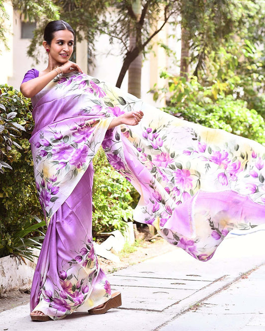 HANDPAINTED MULBERRY HANDLOOM SILK SAREE-018 - indeloom