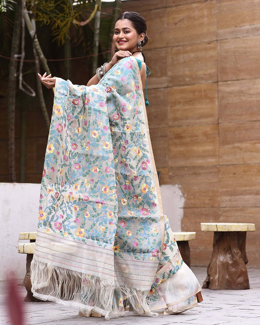 Handwoven Pure Jamdani Muslin Saree  |  Seafoam Teal