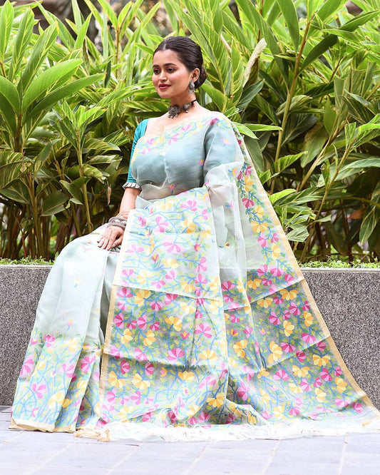 Yellow and Pink Florals Jamdani Saree-002