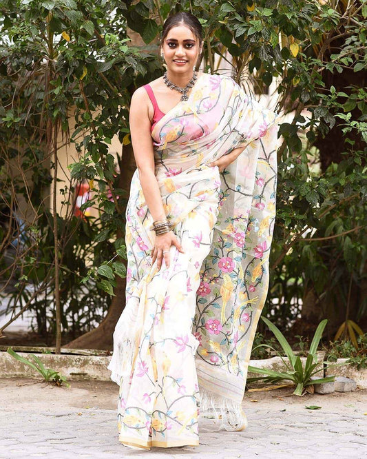 Handwoven Pure Jamdani Muslin Saree  |  Warm Ivory