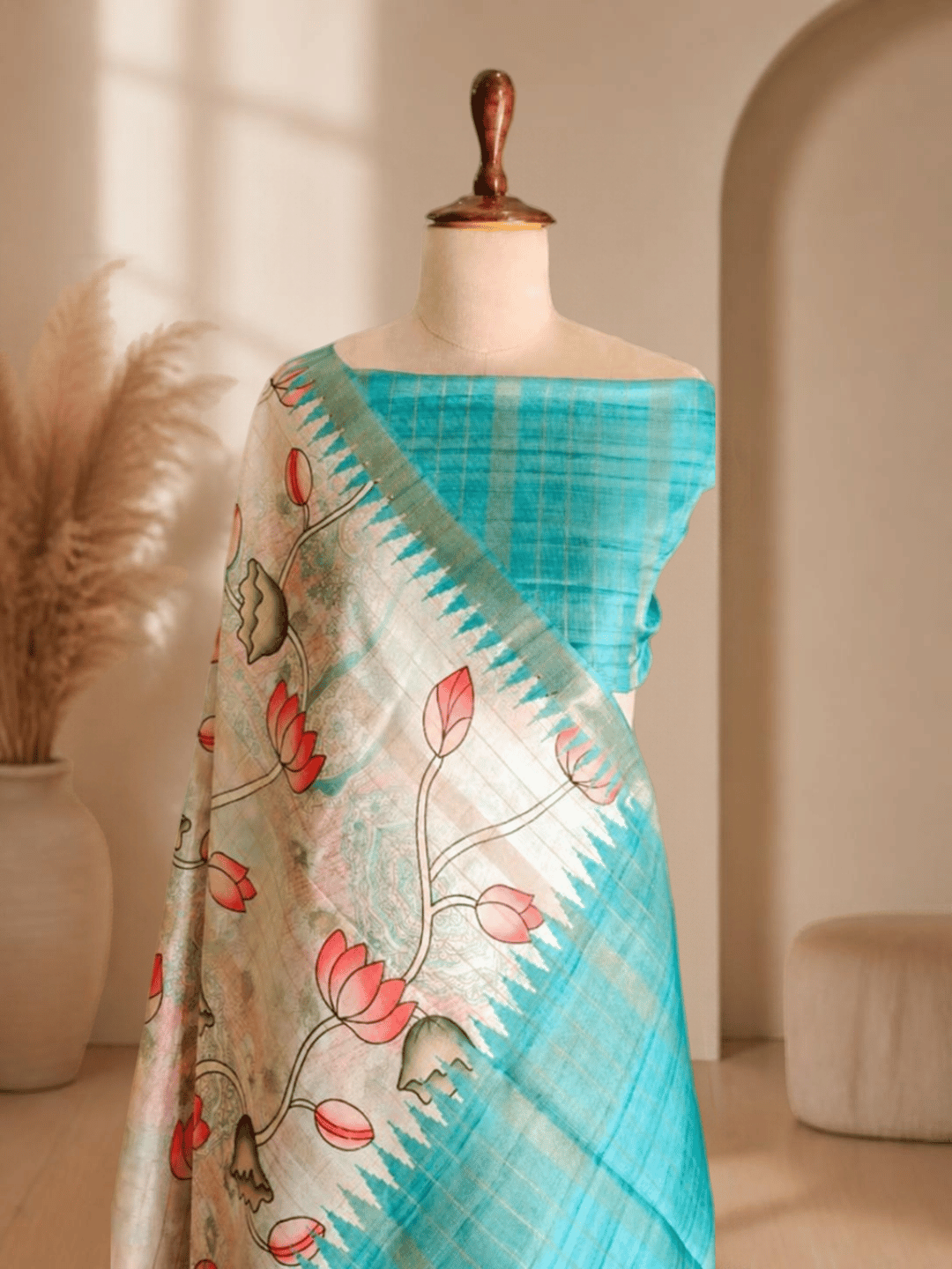 Exclusive Printed Tussar Semi Silk Saree | Beige