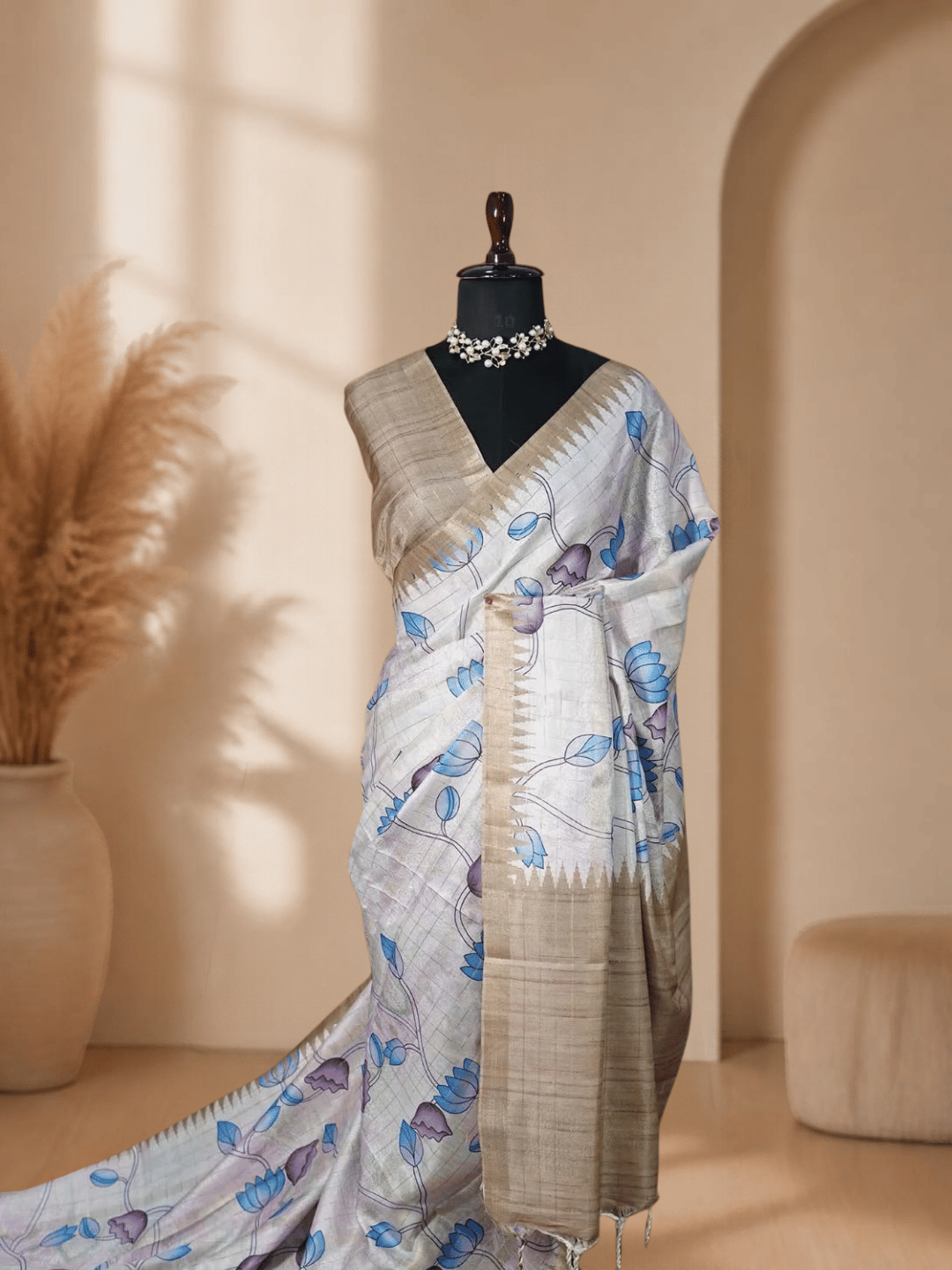 Exclusive Printed Tussar Semi Silk Saree | Beige