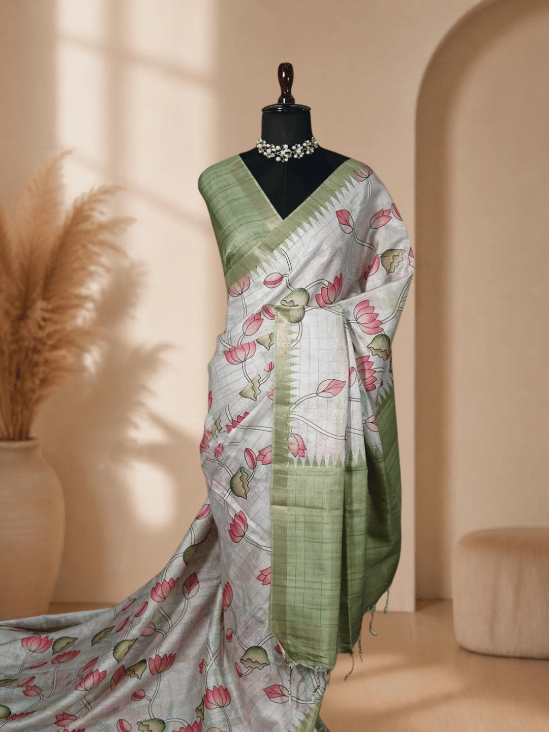 Exclusive Printed Tussar Semi Silk Saree | Beige