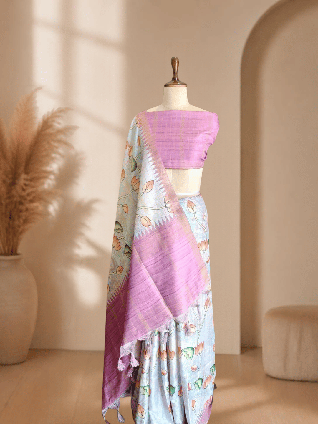 Exclusive Printed Tussar Semi Silk Saree | Blue