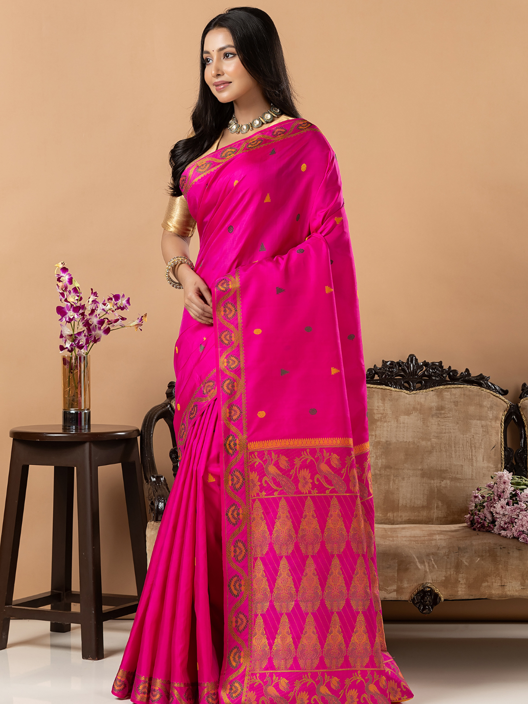 Handloom Kanjivaram Silk Saree | Fuchsia Pink