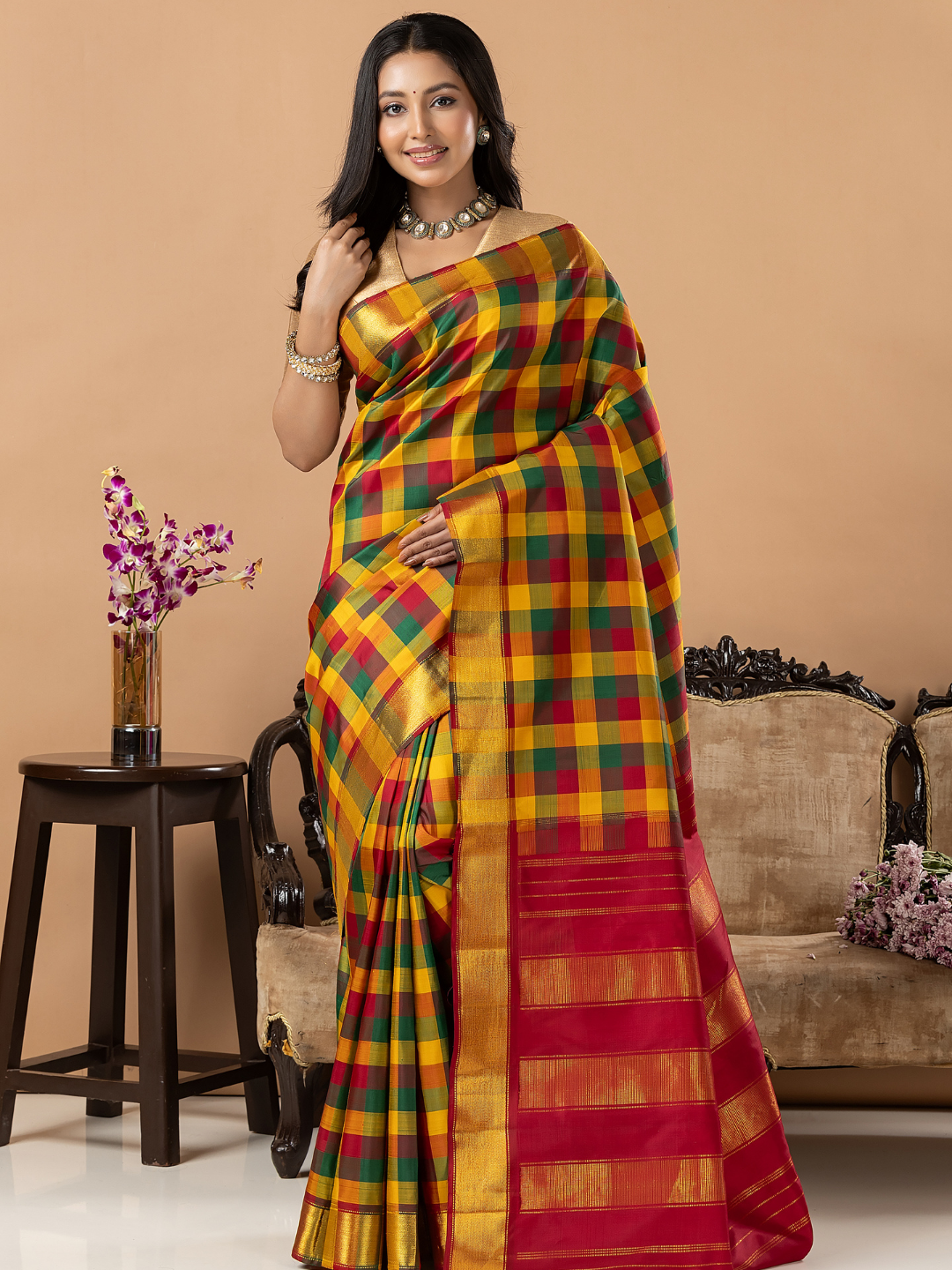 Handloom Kanjivaram Silk Saree | Multicolour Checks