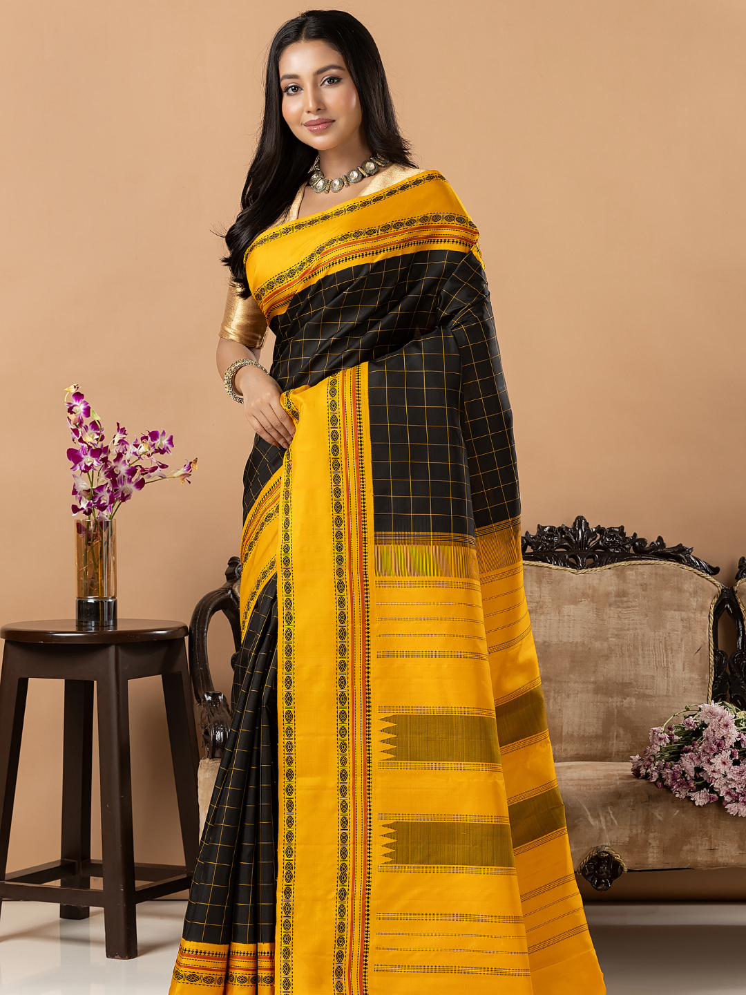 Handloom Kanjivaram Silk Saree | Black Checks