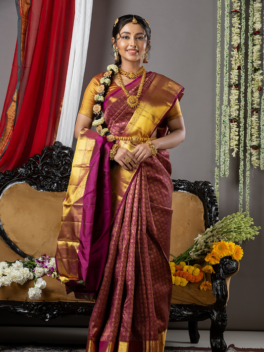 Handloom Kanjivaram Silk Saree | Deep Maroon Pattern