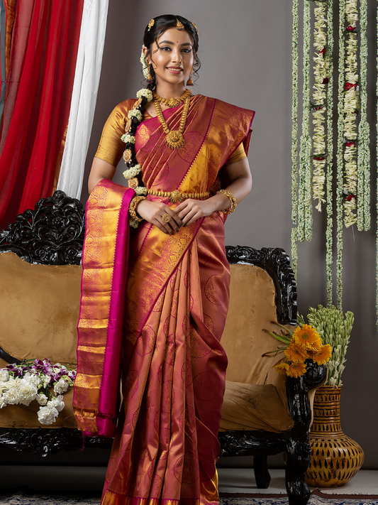Handloom Kanjivaram Silk Saree | Copper Rose