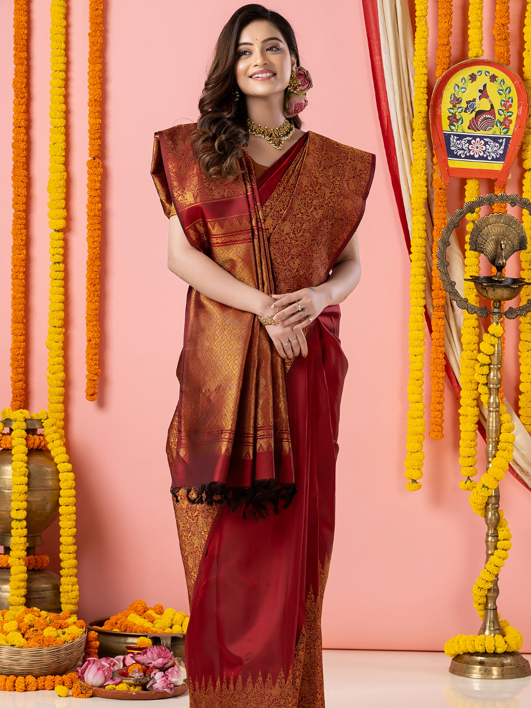 Handloom Kanjivaram Silk Saree | Deep Maroon