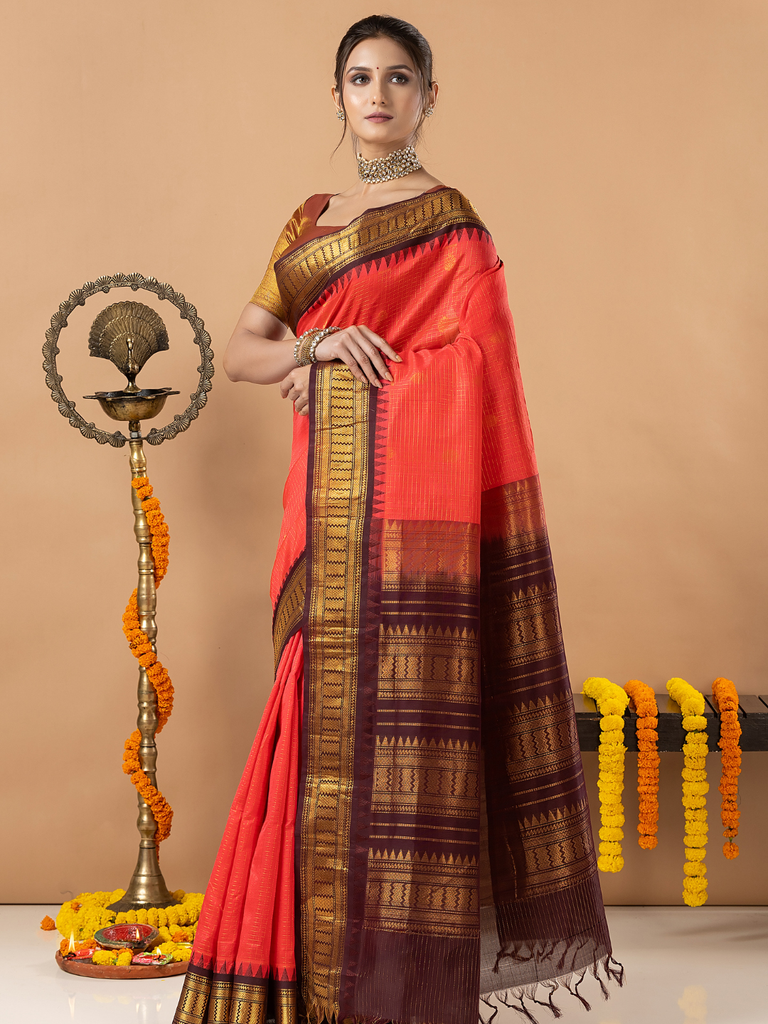 Handloom Korvai Silk Cotton Saree | Coral Red