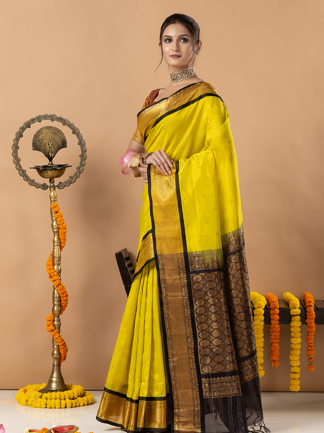Handloom Korvai Silk Cotton Saree | Lime Yellow