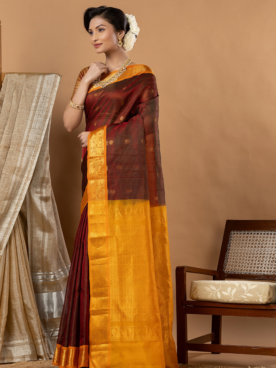 Handloom Korvai Silk Cotton Saree | Deep Maroon