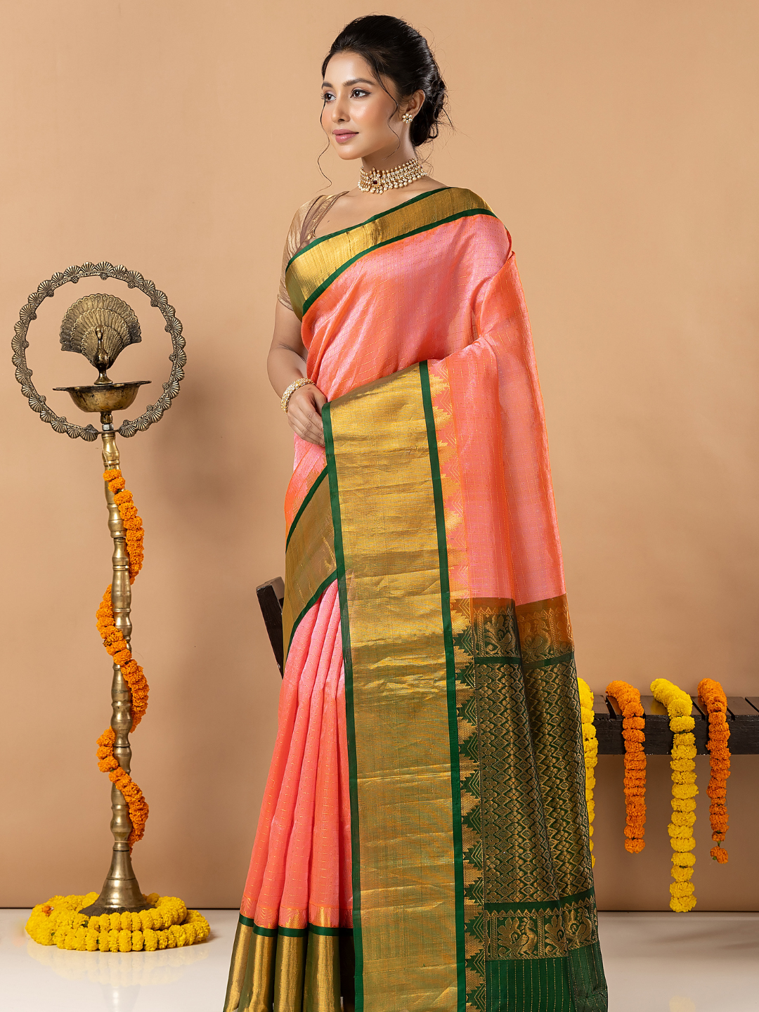 Handloom Korvai Silk Cotton Saree | Peach Coral