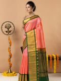 Handloom Korvai Silk Cotton Saree | Peach Coral