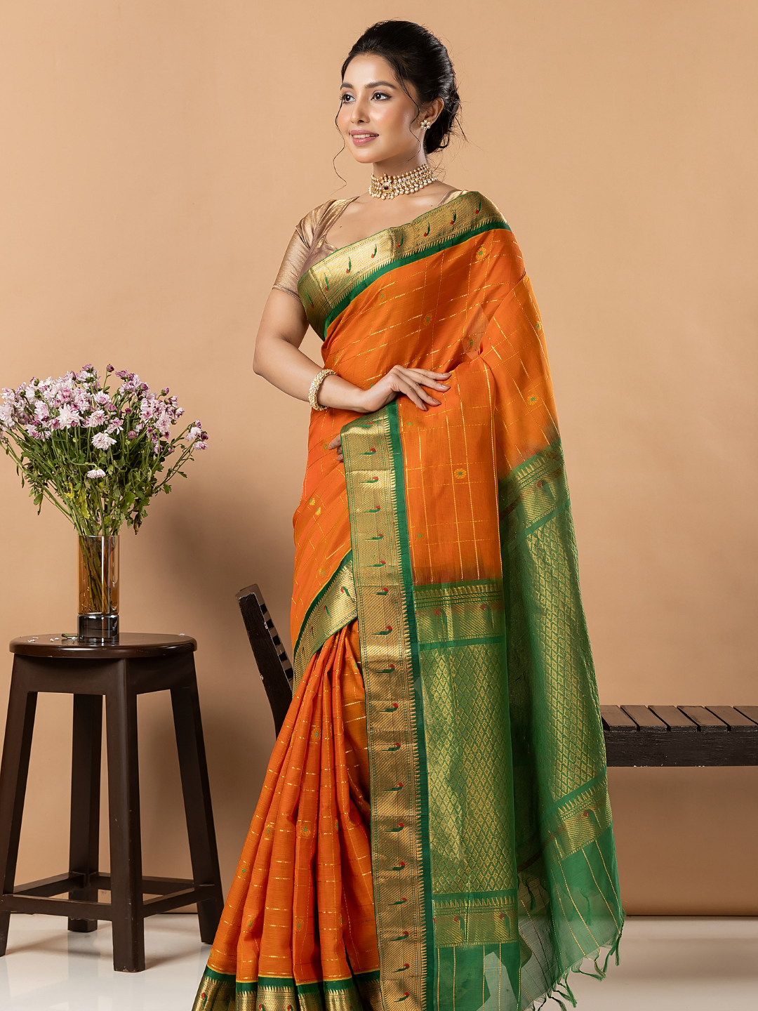 Handloom Korvai Silk Cotton Saree | Bright Orange