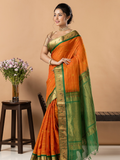 Handloom Korvai Silk Cotton Saree | Bright Orange