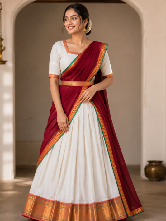 Handloom Narayanpet Cotton Half Saree | Ivory