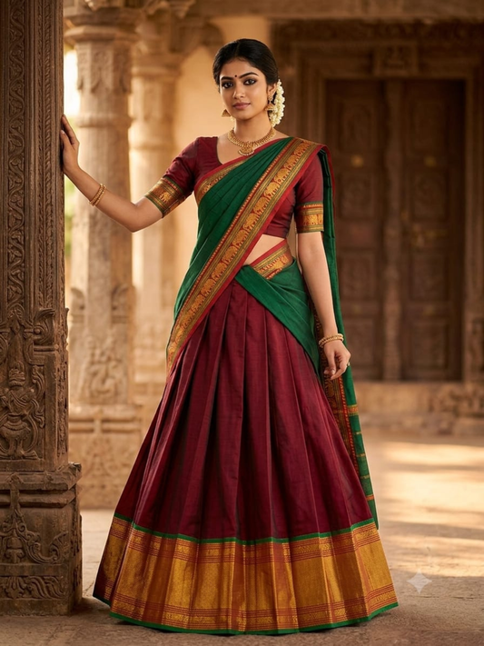 Handloom Narayanpet Cotton Half Saree | Deep Maroon