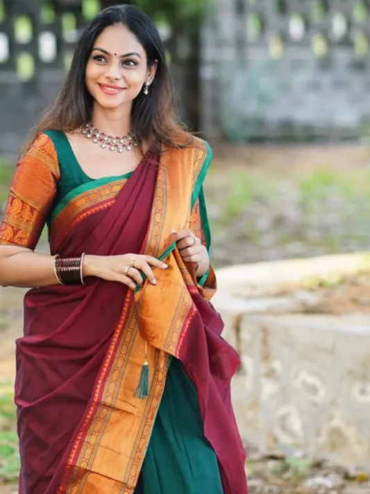 Handloom Narayanpet Cotton Half Saree | Deep Teal Green